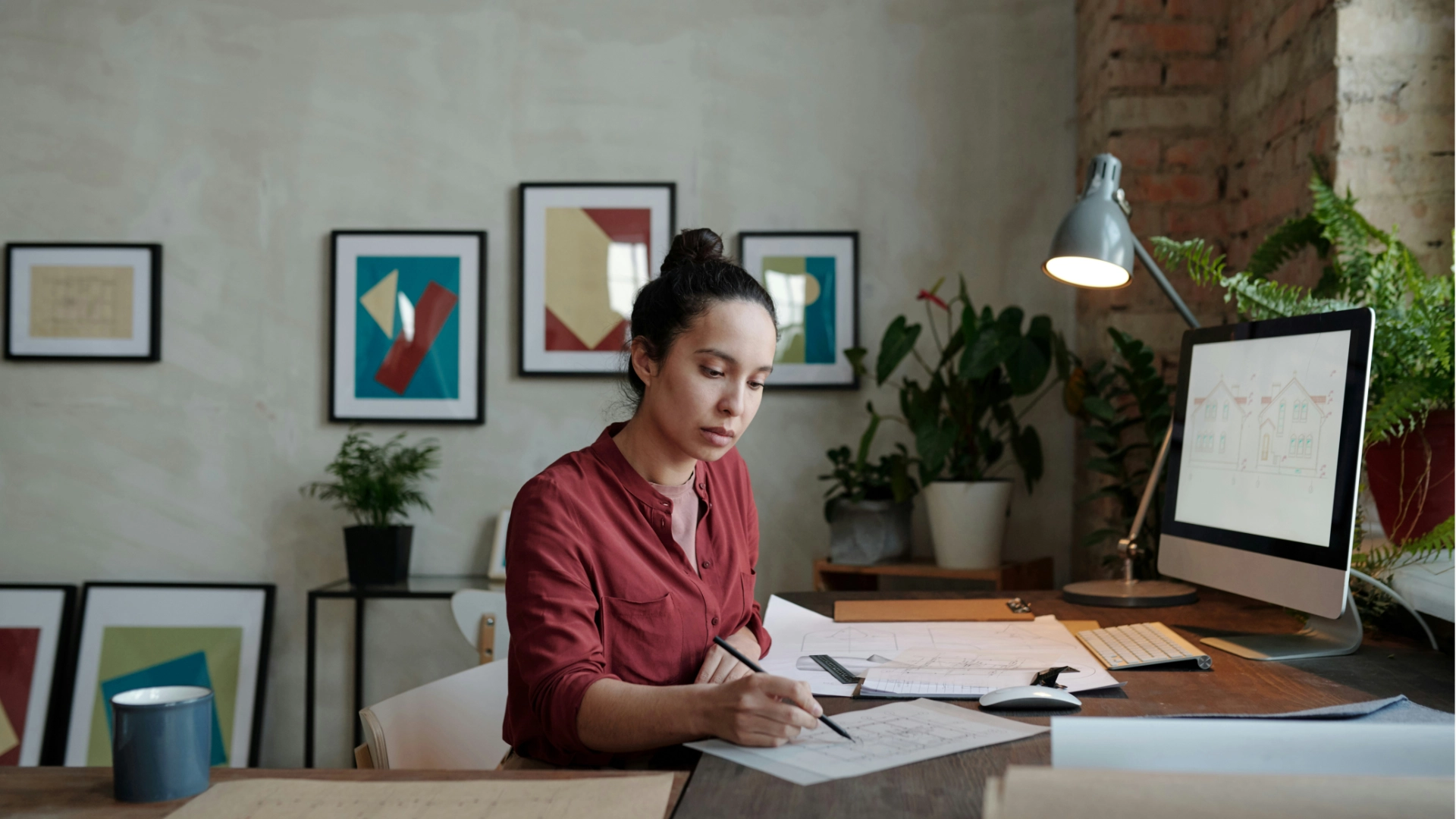 Photo of a woman sitting at a desk working on documents.